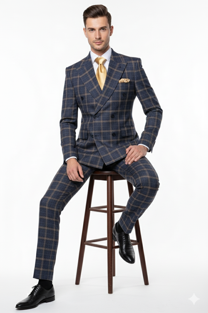 Men’s Navy and Tan Windowpane Double-Breasted Suit - Classic 2-Piece Plaid Dress Suit, Business, and Formal Events By Rossiman USA Men's Outlet