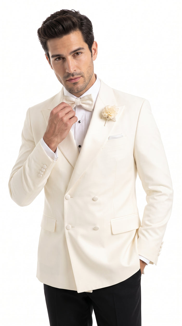 Men’s Ivory Double Breasted Dinner Jacket, Peak Lapel Formal Wedding Prom Tuxedo Blazer in cream off white color
