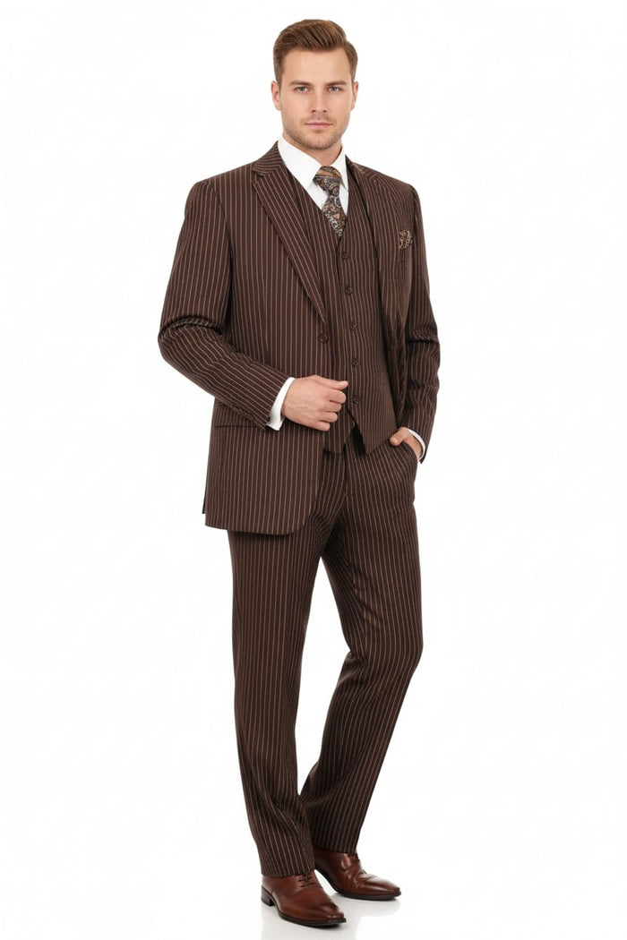 Men’s Brown Pinstripe 3-Piece Suits - Classic Business and Formal Wear with Vest by USA Men's Outlet