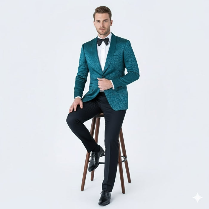 Mens Teal Blue Paisley Tuxedo Jacket - Elegant Shawl Lapel Dinner Blazer for Weddings, Prom and Formal Events - Greenish Blue | USA Men's Outlet