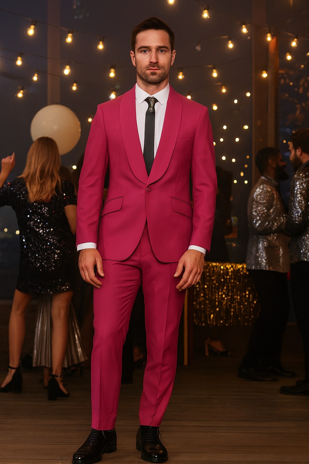 Mens Hot Pink Tuxedo Dinner Jacket + Pants with Shawl Lapel – Slim Fit 2-Piece Suit for Weddings, Proms Suit in Fuchsia Colors