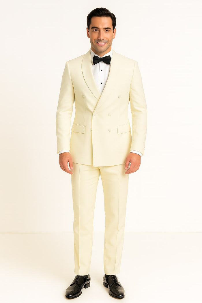 Mens Off-White Double Breasted Tuxedo Jacket with Shawl Lapel - Formal Wedding Suit in Ivory Cream Color by USA Men's Outlet