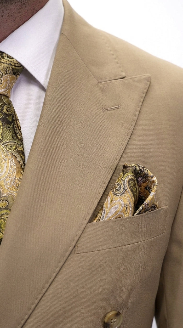 Men’s Statement Brand Caramel Khaki Double Breasted Wool Suit, Designer Formal Business Suit Set Wool Suit in Camel Color
