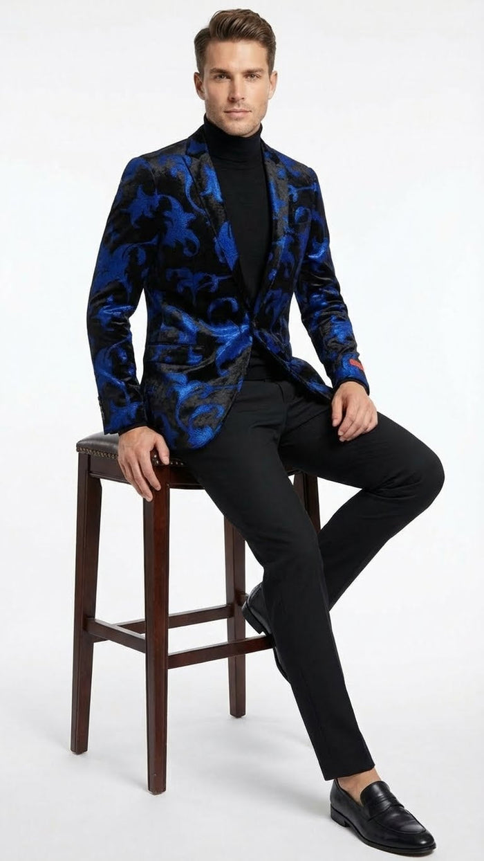 Men’s Black and Royal Blue Patterned Blazer - Paisley Floral Sport Coat Prom Jacket by USA Men's Outlet