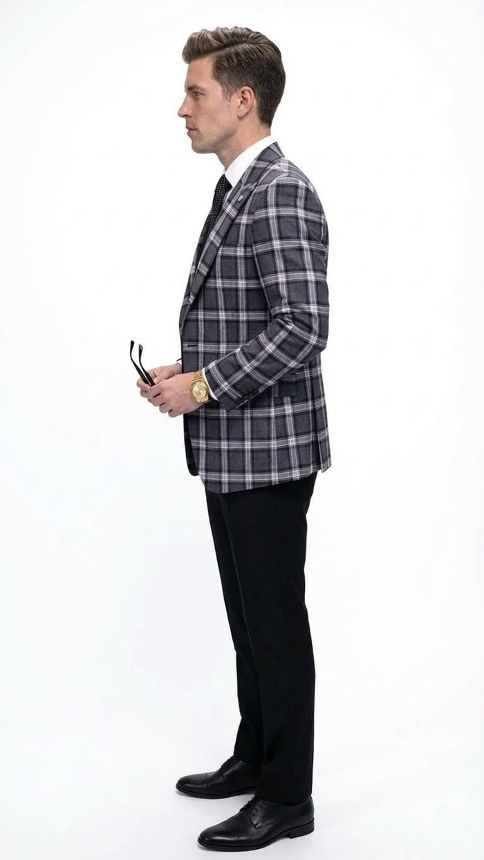 Men’s Big and Tall Charcoal Gray and Black Plaid Blazer - Grey Checker Windowpane Sport Coat by USA Men's Outlet