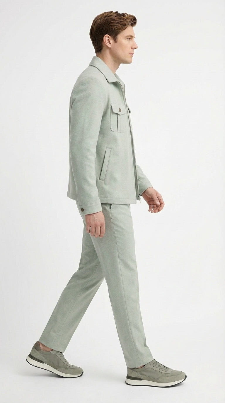 Mens Sage Green Walking Suit Set – Casual Safari Military Jacket and Pants Outfit for Travel