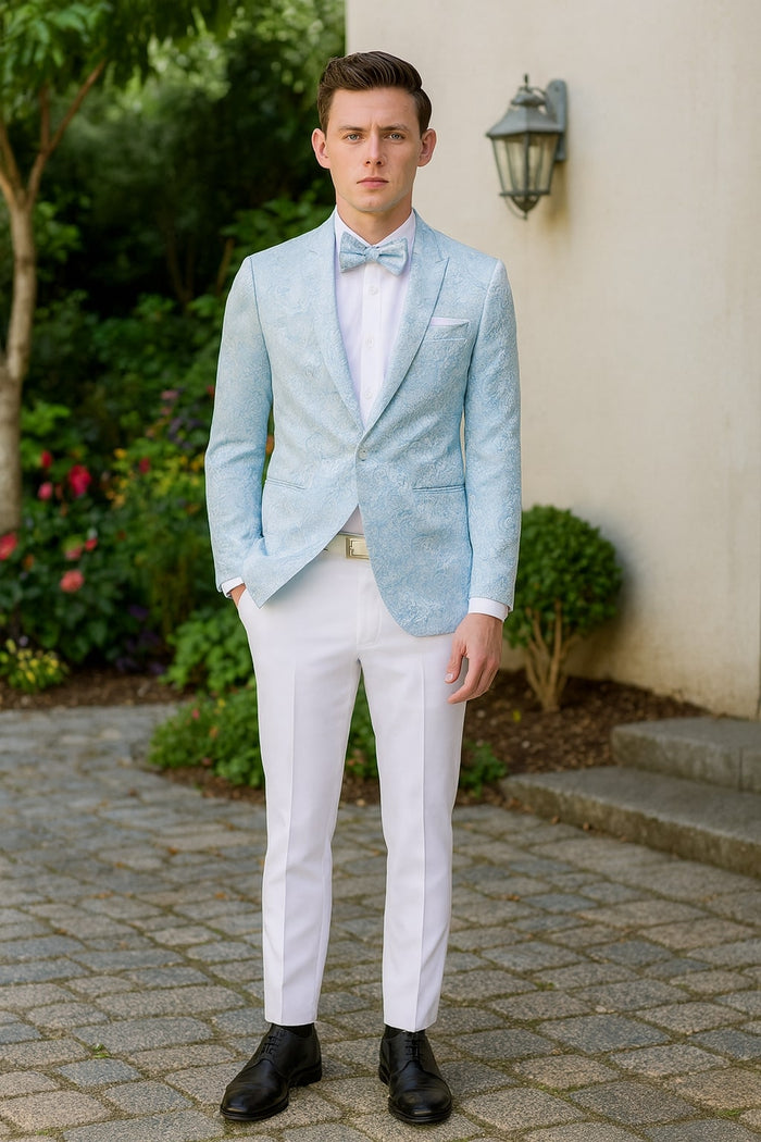 Mens Light Blue Paisley Tuxedo Jacket with Matching Bow Tie - Slim Fit Blazer for Weddings, Prom, and Formal Events by USA Men's Outlet