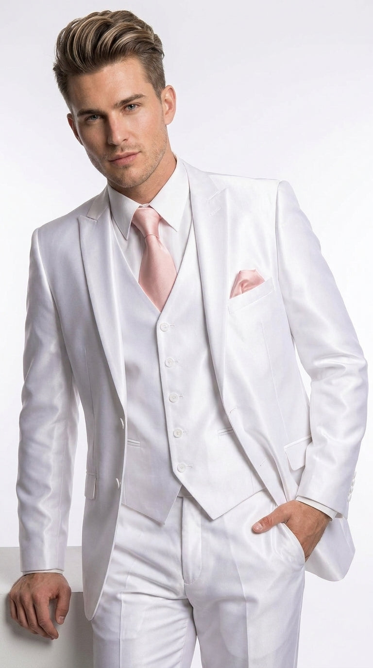Men’s Shiny White Sateen 3 Piece Suit – Wedding Prom Formal Suit with Vest