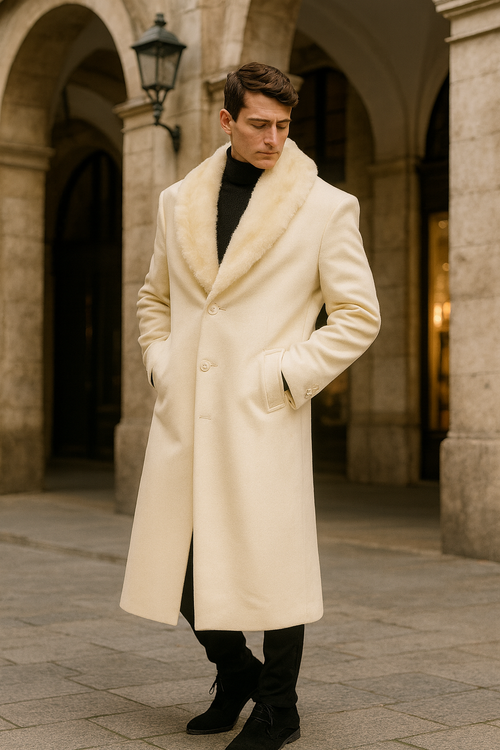 Men’s Ivory - Cream - Off White Full-Length Overcoat with Luxurious Faux Fur Shawl Collar – Winter Dress Coat