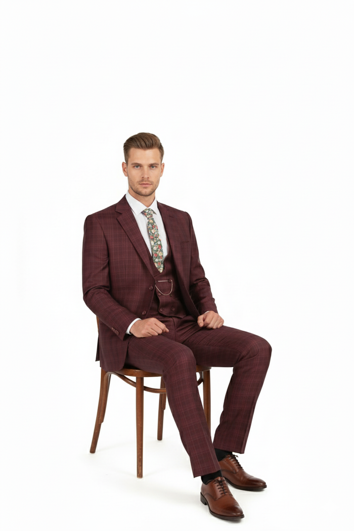Men’s Burgundy Checkered 3-Piece Suit - Windowpane Classic Fit Plaid Blazer with Vest and Pants by Usamensoutlet