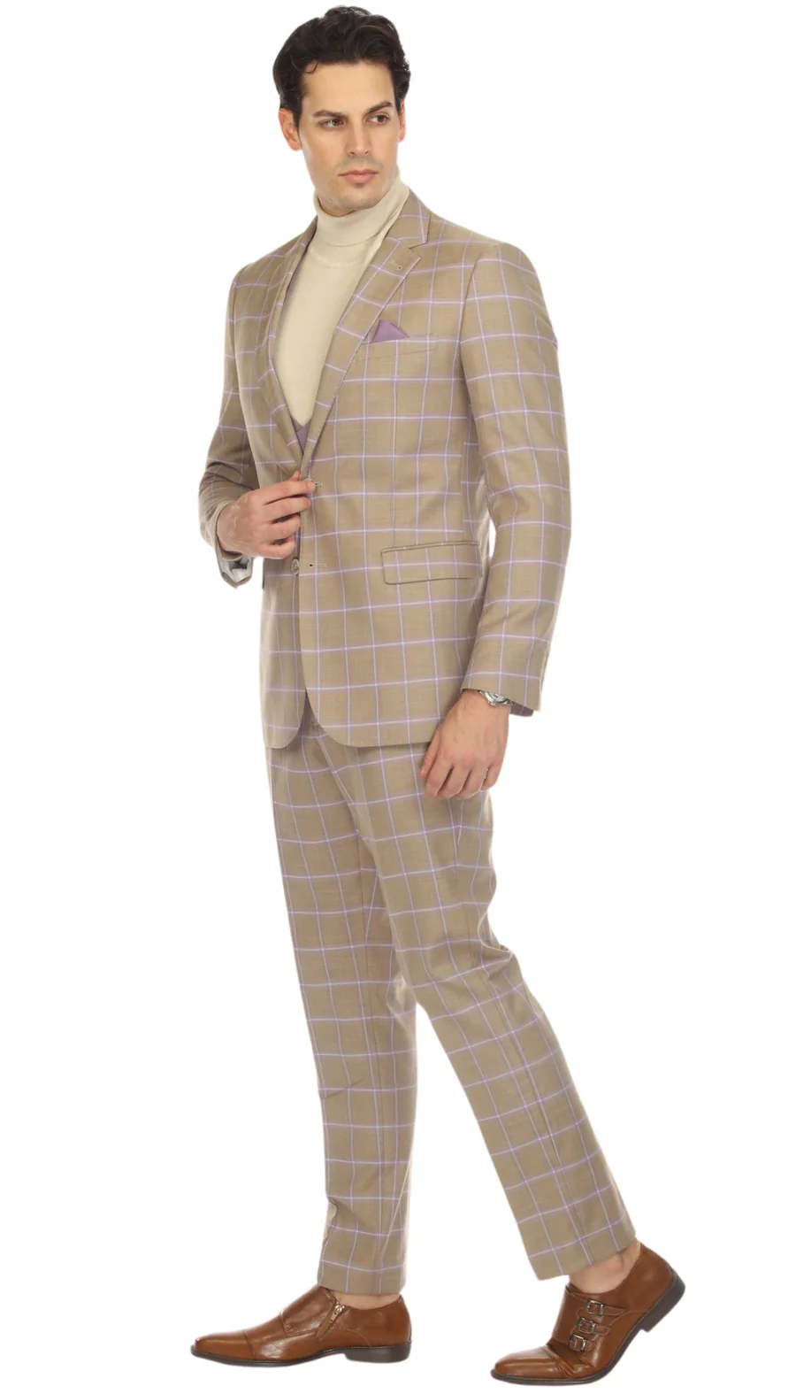 Modern Slim Fit Mens Suit – 2 Button Notch Lapel with U-Shaped Double Breasted Vest