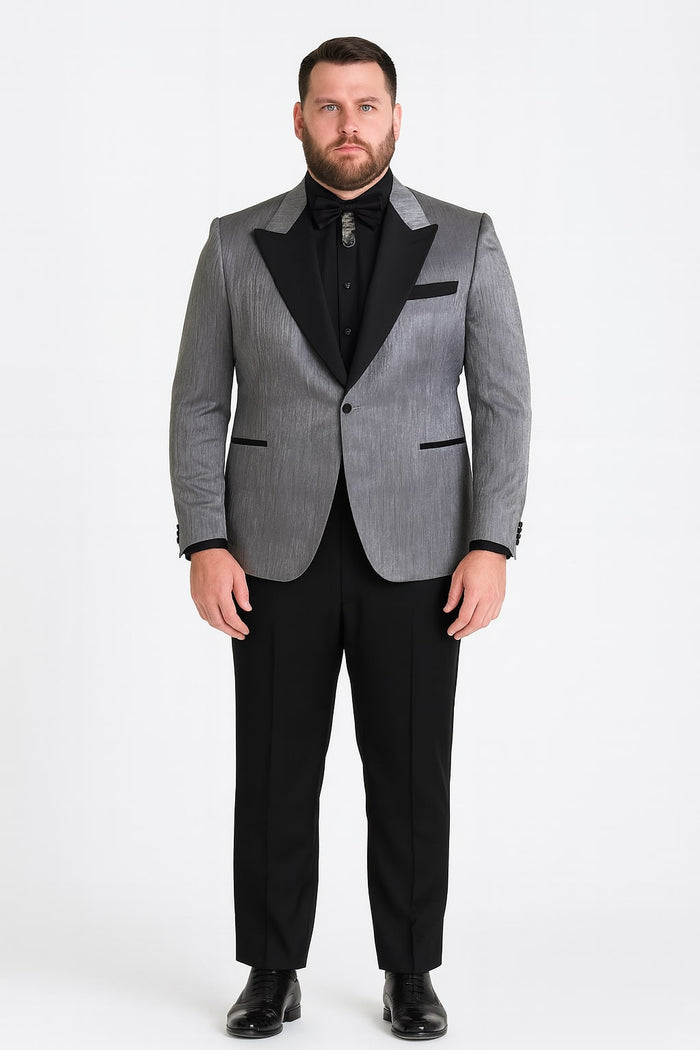 Silver Metallic Tuxedo Suit with Black Satin Peak Lapel - Mens Slim Fit Formal Wedding and Prom Attire in Charcoal Grey With Pants USA Men's Outlet