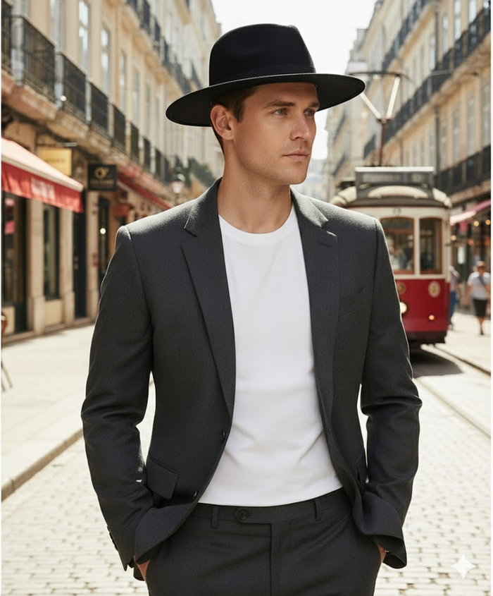 Men’s Black Wide Brim Fedora Hat - Classic Wool Felt Dress Hat with Matching Black Band by USA Men's Outlet