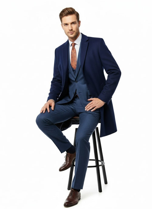 Mens Cobalt Blue Wool and Cashmere Car Coat Overcoat – Classic Winter Topcoat for Indigo Sapphire Color (light Navy Dark Royal)