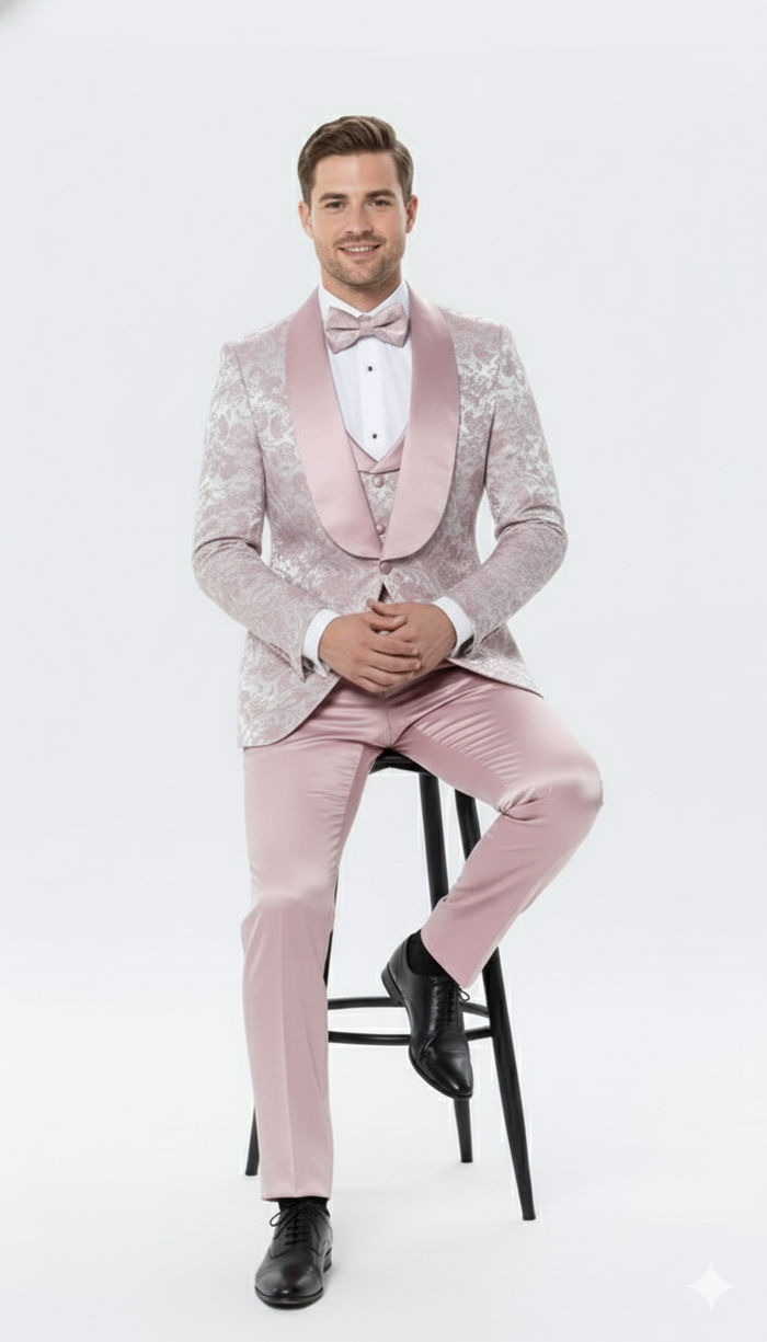 Men’s Light Pink Dusty Rose - Floral Tuxedo Suit - Luxury Satin Shawl Lapel 3-Piece Formal Wedding and Prom Suit in Blush Mauve color USA Men's Outlet
