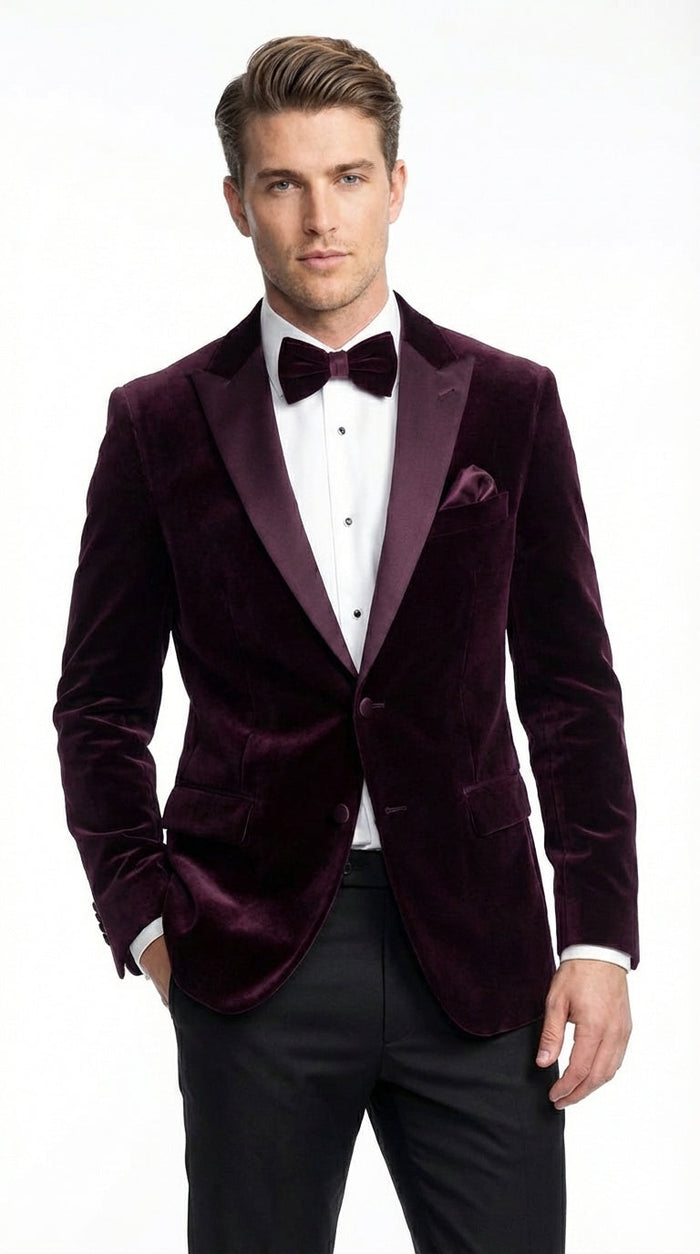Mens Velvet Blazer Jacket – Luxury Velvet Dinner Jacket for Wedding, Tuxedo Events, Formal Parties in Burgundy Color