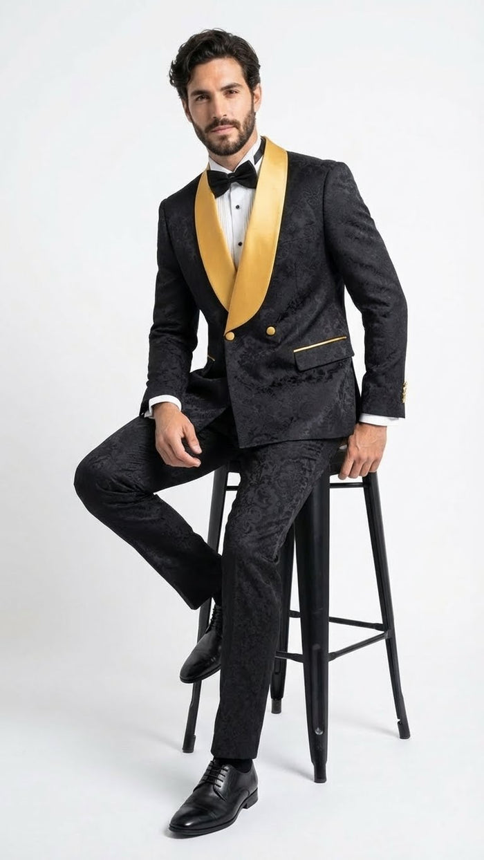 Men’s Black and Gold Jacquard Tuxedo Suit - Luxury Slim Fit Formal Wedding, Prom, and Gala Outfit by USA Men's Outlet