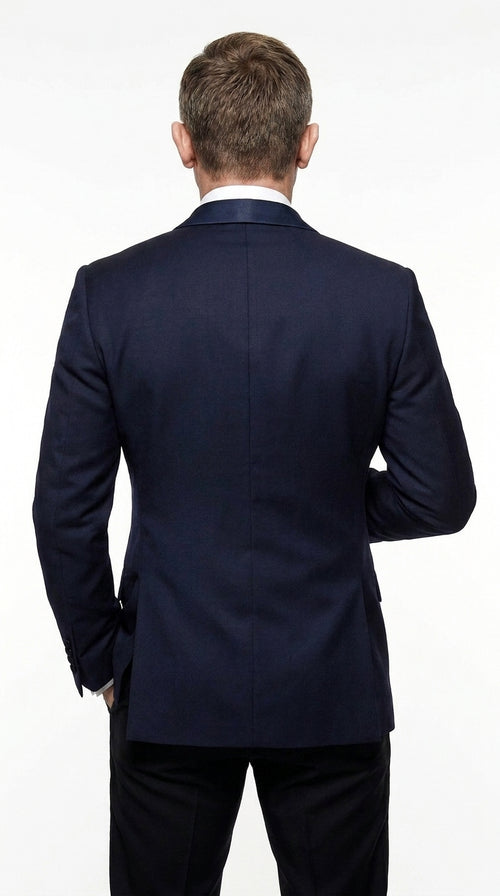 Men’s Navy James Bond Tuxedo Dinner Jacket – Satin Shawl Lapel Wedding, Prom and Black-Tie Blazer