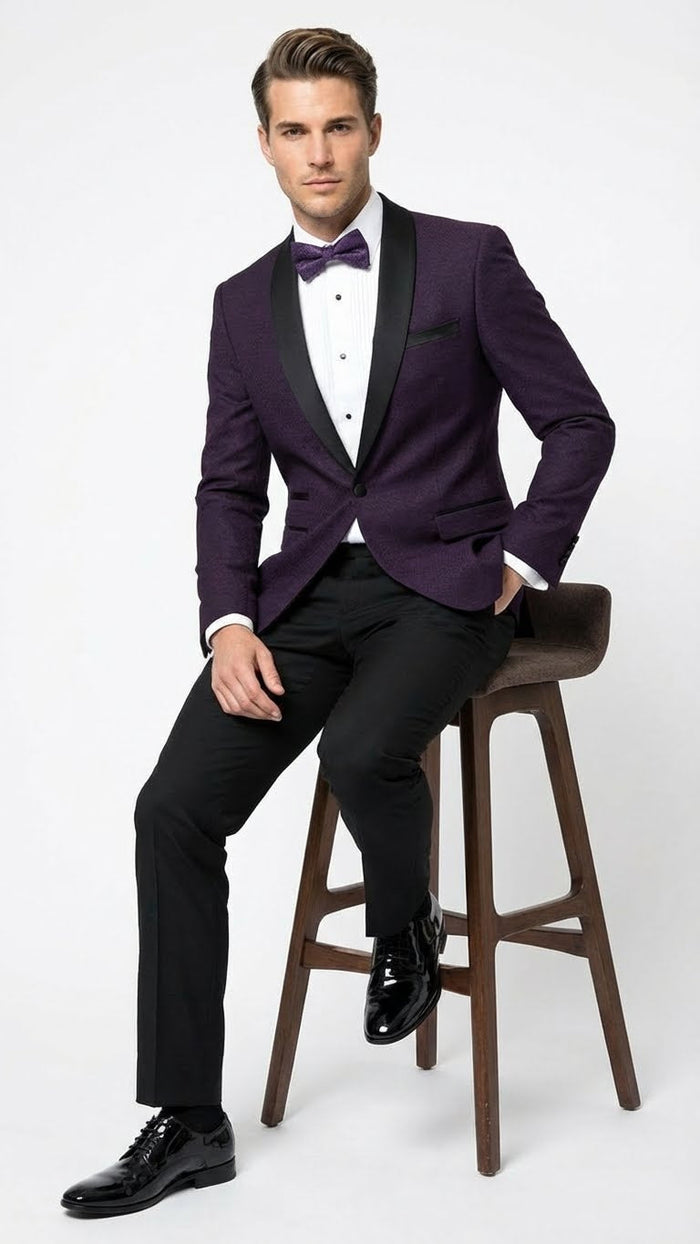 Men’s Eggplant Plum Purple Tuxedo Blazer with Satin Lapel, White Tuxedo Shirt and Matching Purple Bow Tie - Slim Fitted - Prom wedding Suit With Pants USA Men's Outlet