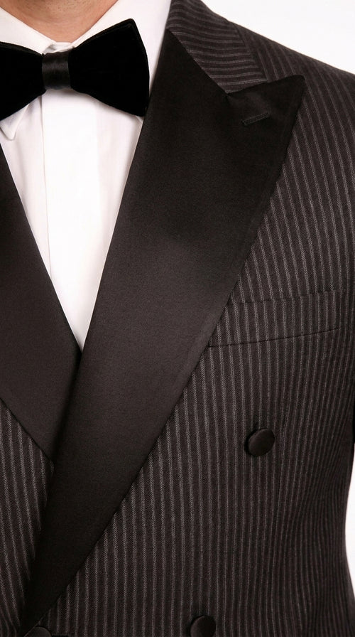 Men’s Black Shadow Pinstripe Double-Breasted Tuxedo Tone on Tone Formal Wedding  Suit Modern Fit 1920s Style