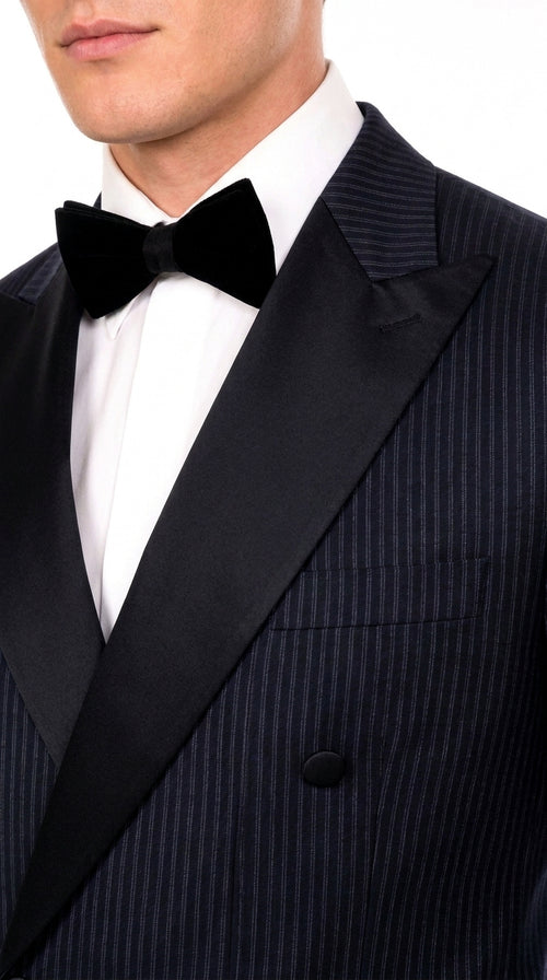 Men’s Navy Blue Double-Breasted Tuxedo – Tone-on-Tone Shadow Pinstripe Formal Wedding and Prom Suit
