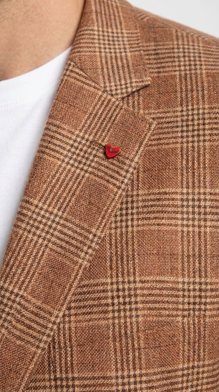 Vitali Men’s Rust Copper Brown Plaid Blazer with Tan Pants – Classic Windowpane, Business and Smart-Casual Birck color  Suit