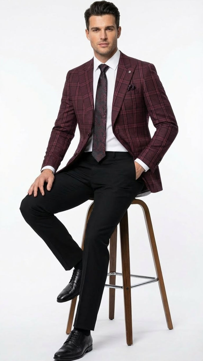 Men’s Burgundy Check Blazer - Windowpane Plaid blazer in Maroon Wine Color USA Men's Outlet