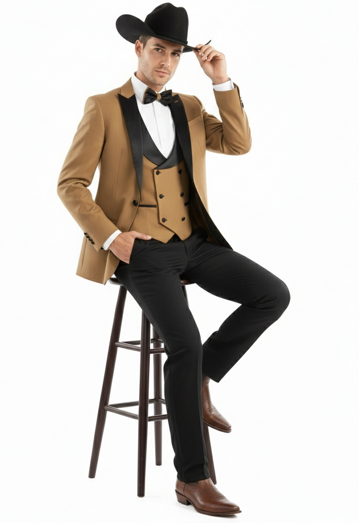 Men’s Western Cowboy Tuxedo - Tan and Black 3-Piece Suit with Satin Lapel and Vest in Mocca Coffee Color USA Men's Outlet