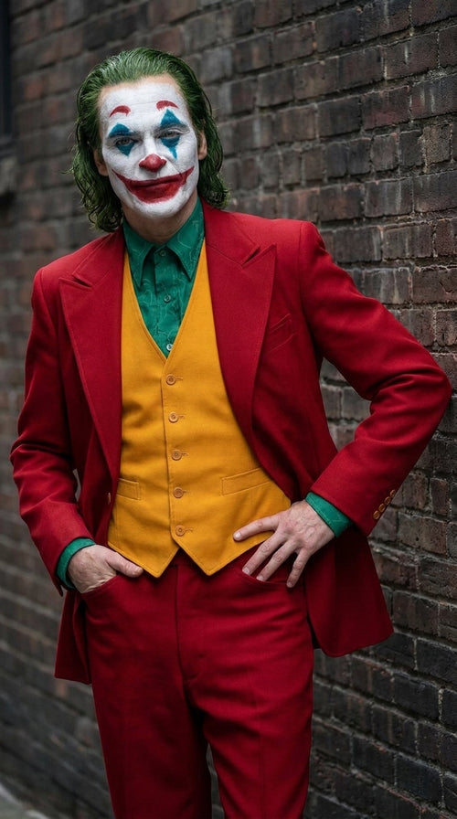 Men's Joker 2019 Red 3-Piece Suit – Joaquin Phoenix Movie-Inspired Costume with Mustard Orange Vest & Green Shirt & Tie Package