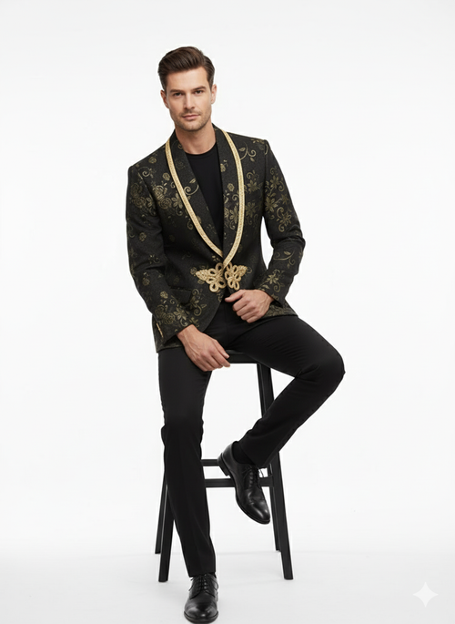 Men’s Black and Gold Embroidered Luxury Blazer - Designer Floral Pattern Wedding & Party Jacket (Sim534) by USA Men's Outlet