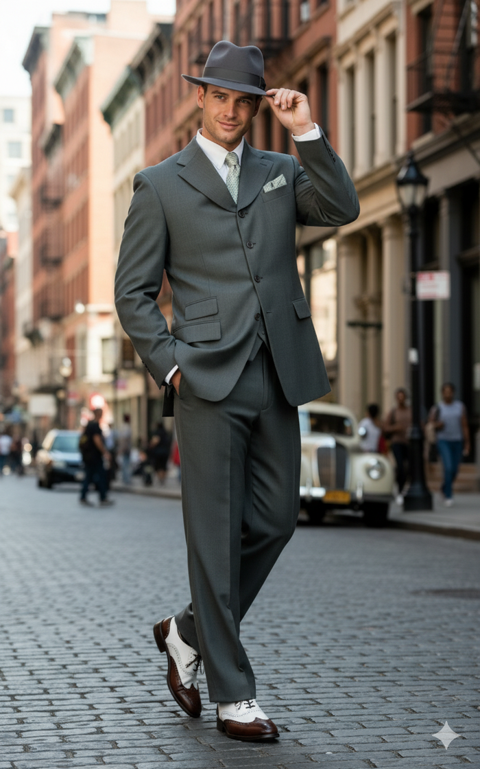 Men’s 1920s Gray Zoot Suit - 4 Buttons Gangster Wide Lapel Long Jacket 3-Piece Suit in Grey Color Classic Fit Pleated Pants USA Men's Outlet
