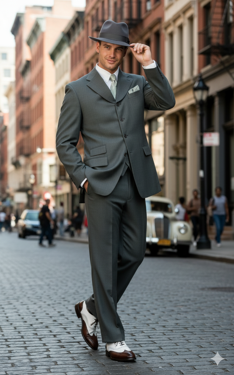 Men’s 1920s Gray Zoot Suit - 4 Buttons Gangster Wide Lapel Long Jacket 3-Piece Suit in Grey Color Classic Fit Pleated Pants USA Men's Outlet
