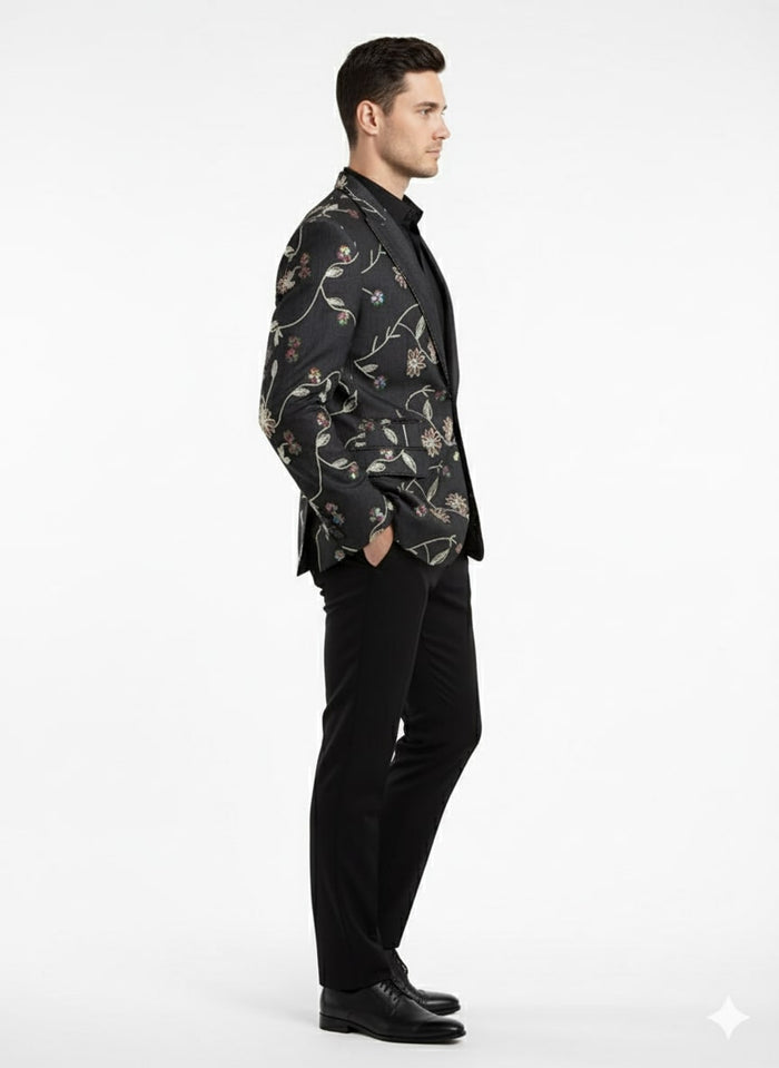 Luxury Black Floral Embroidered Blazer for Men - Designer Party and Wedding Wear Jacket by USA Men's Outlet