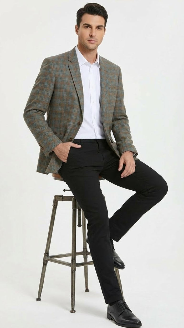 Men’s Green Brown and Teal Plaid Sport Coat - Tailored Fit Check Blazer Jacket - Tartan Sportcoat by USA Men's Outlet