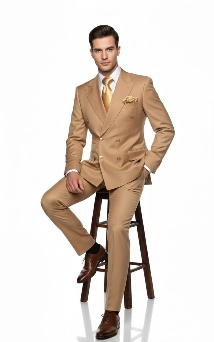 Mens Camel - Bronze - Goldish khaki Double-Breasted Suit - Luxury 2-Piece Formal Set with Gold Buttons and Peak Lapels by Rossi Man USA Men's Outlet