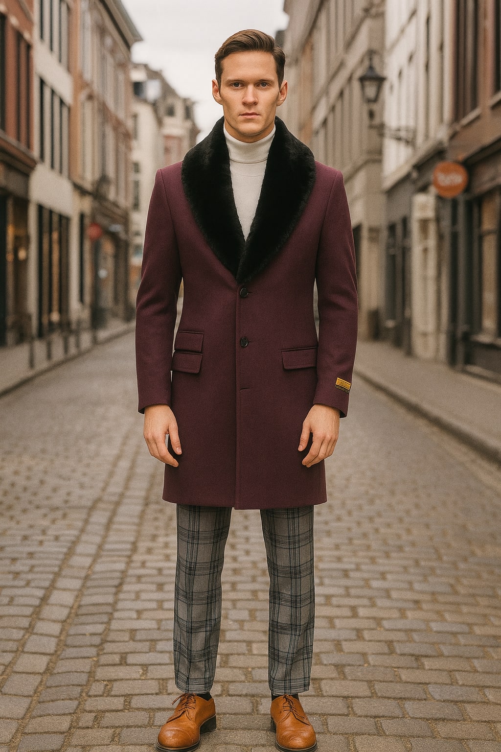 Mens Purple Wool Overcoat with Black Faux Fur Collar - Luxury Winter Dress Coats for Formal and Casual Wears by USA Men's Outlet