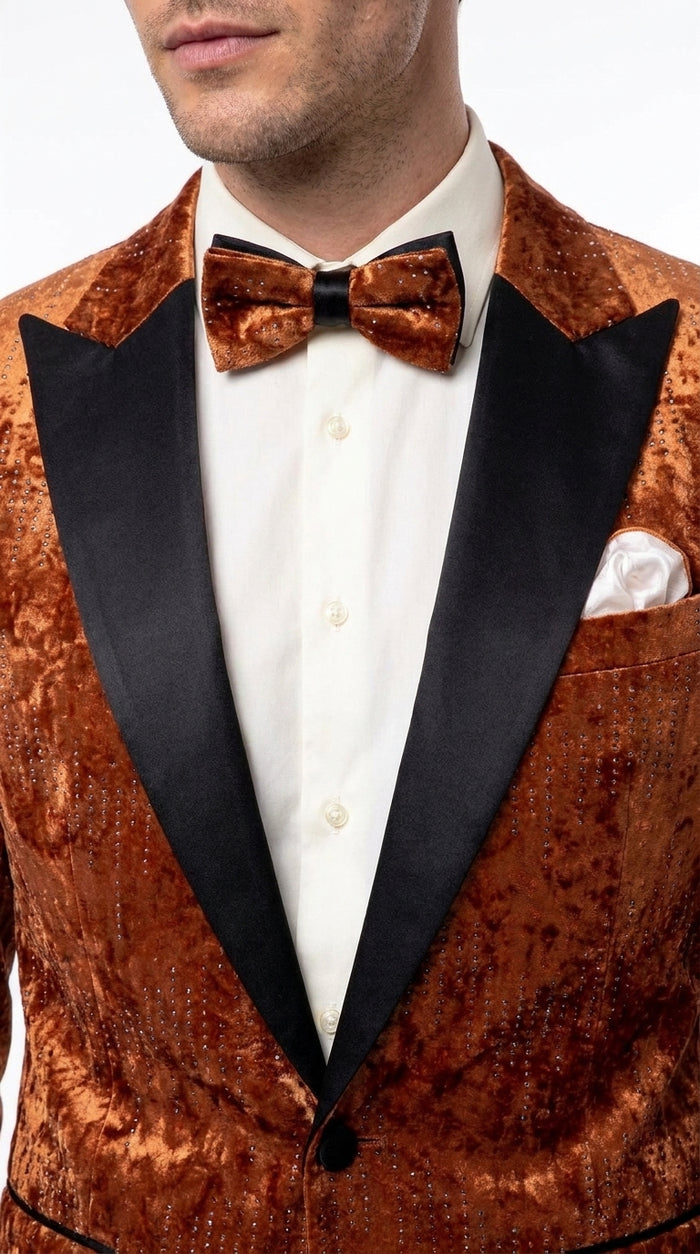 Men’s Burnt Orange Sequin Velvet Blazer – Kingsman Golden Bee Inspired Black Peak Lapel Dinner Jacket