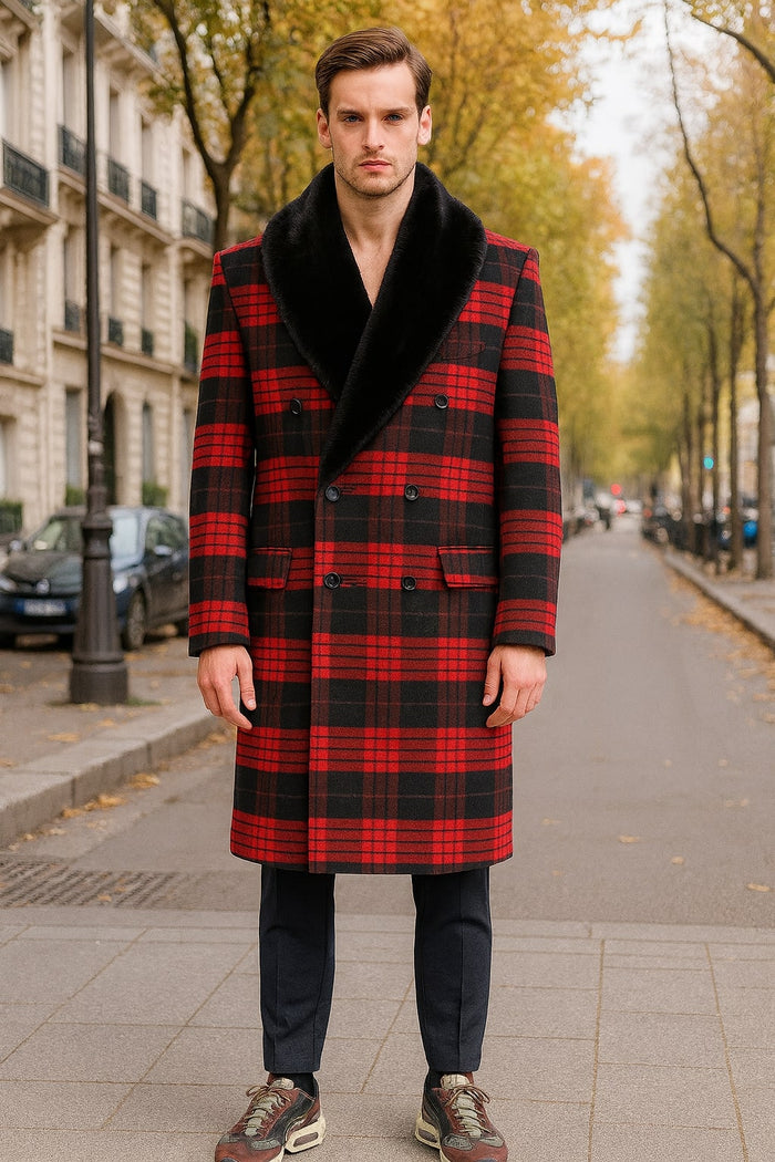 Mens Red and Black Plaid Wool Overcoat with Black Faux Fur Shawl Collar - Double-Breasted Winter Coat - Tartan Design by USA Men's Outlet