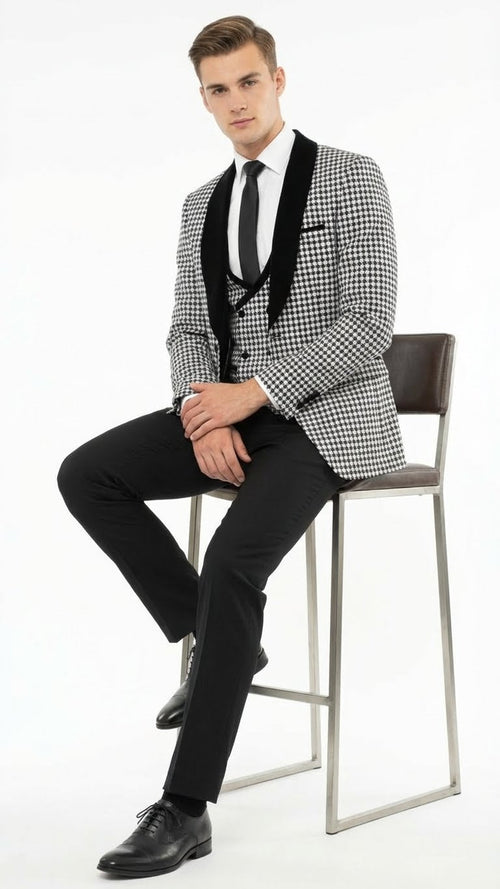 Men’s Black and White Houndstooth Tuxedo Set with Velvet Shawl Lapel - 3-Piece Formal Suit with Double-Breasted Vest by USA Men's Outlet