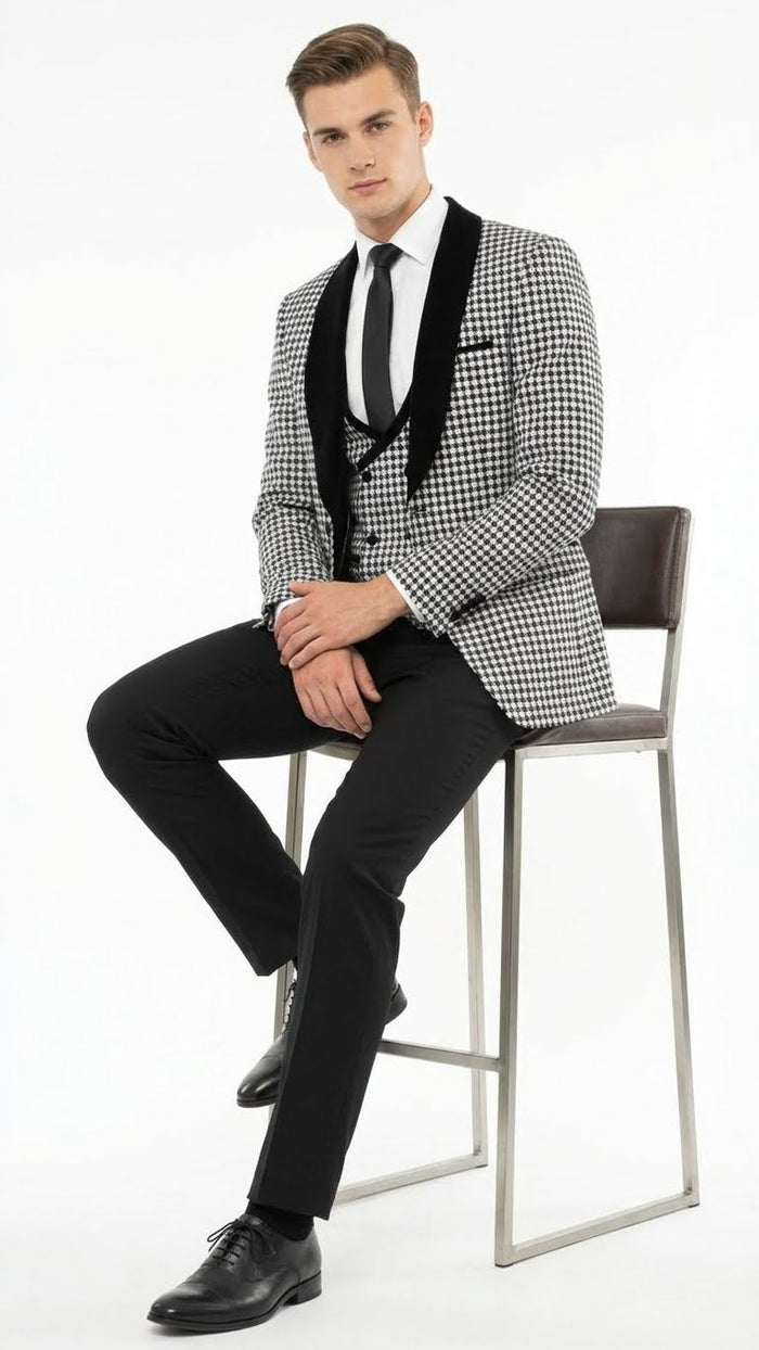 Men’s Black and White Houndstooth Tuxedo Set with Velvet Shawl Lapel - 3-Piece Formal Suit with Double-Breasted Vest by USA Men's Outlet