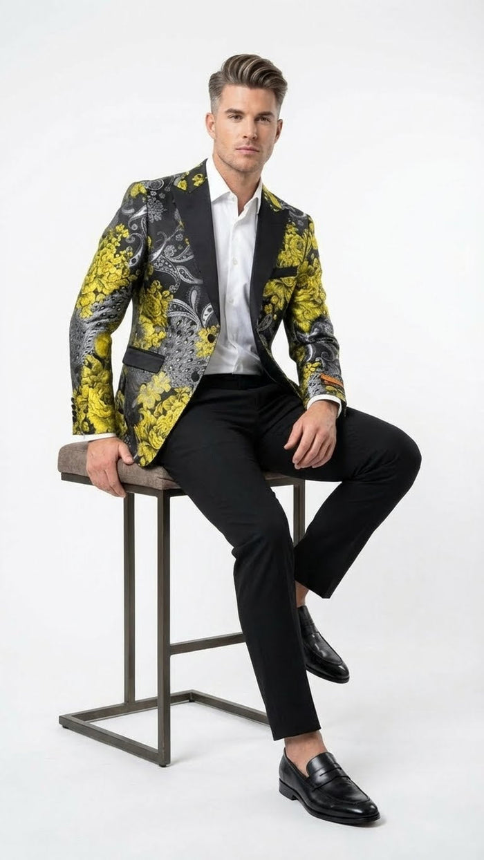 Men’s Yellow Tuxedo Black and Gold Floral Pattern Blazer - Formal Jacket - Prom Dinner Jacket + Black Pants + Bowtie by USA Men's Outlet
