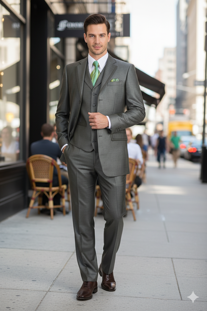 Men’s Olive Green 3-Piece Suit - Classic Fit with Vest and Tie Pleated Pants Three Buttons by Usamensoutlet
