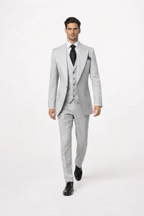 Suits With Baggy Pleated Pants - Wide Leg Pants 100% Wool - Classic Fit in Grey One Button 3 Piece Suit by Rossiman USA Men's Outlet