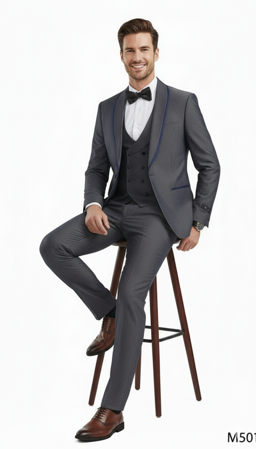 Men’s Charcoal Gray with blue Trim Slim Fit 3-Piece Suit - Modern Wedding and Business Formal Tuxedo Set by USA Men's Outlet