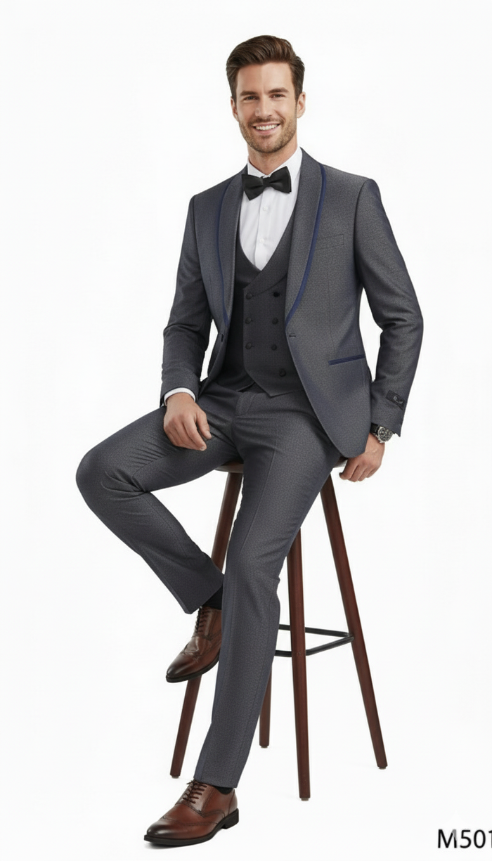 Men’s Charcoal Gray with blue Trim Slim Fit 3-Piece Suit - Modern Wedding and Business Formal Tuxedo Set by USA Men's Outlet