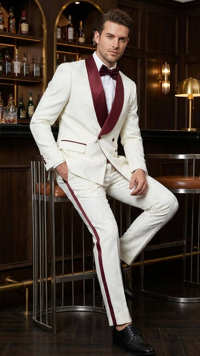 Men’s Ivory and Burgundy Jacquard Tuxedo Suit - Luxury Slim Fit 3-Piece Formal Wedding, Prom, and Gala Outfit in Cream Off White Color USA Men's Outlet