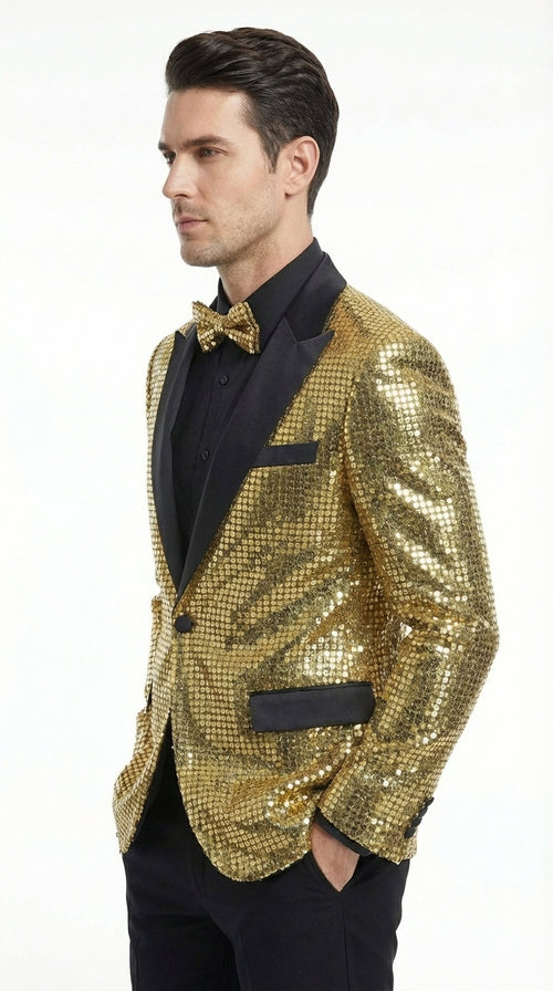 Mens Gold Sequin Blazer with Black Satin Lapel – Gold Formal Party Blazer Jacket for Prom, Wedding and Stage Events