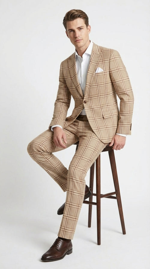 Beige Tan Plaid windowpane Two Piece Suit for Men | Classic Checkered Formal Suit with Jacket and Pants by Rossiman
