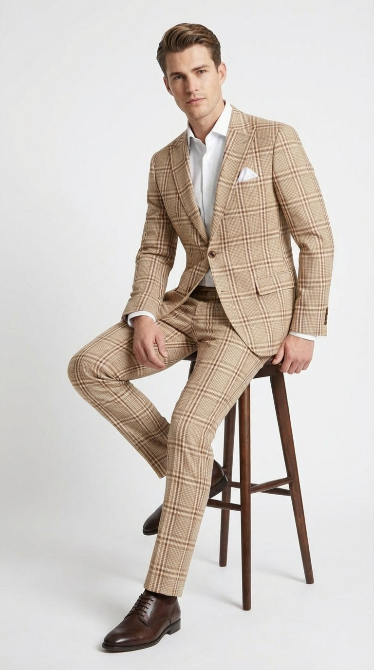 Beige Tan Plaid windowpane Two Piece Suit for Men | Classic Checkered Formal Suit with Jacket and Pants by Rossiman