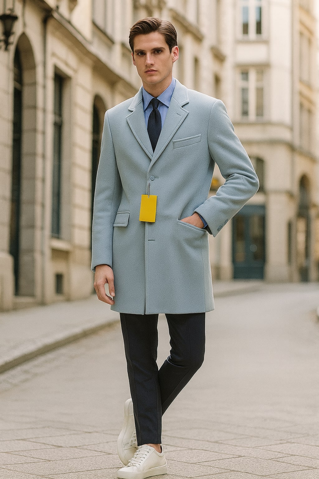 Mens Light Blue Wool Overcoat - Modern Long Coat with Classic Tailored Fit in Sky Blue by USA Men's Outlet